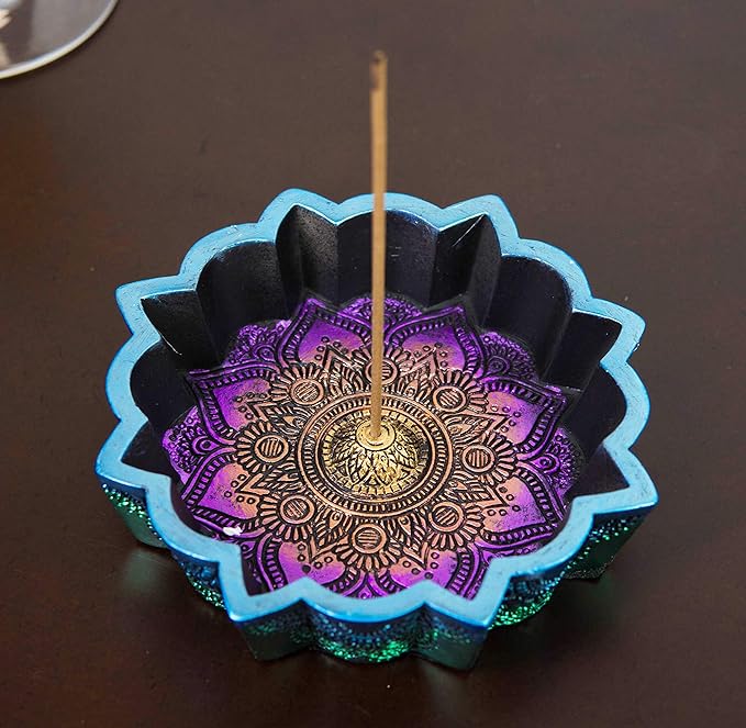 Ebros Gift New Age Colorful Iridescent Chakra Rainbow Buddhist Mandala 8 Spokes Wheel Flower Incense Stick Holder Burner Figurine Yoga Meditation Home Fragrance Accent