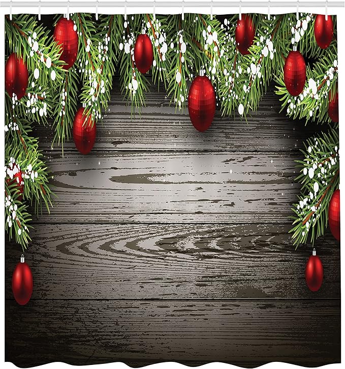 Ambesonne Christmas Shower Curtain, Ornaments Nostalgic Historical Celebration and Reunion Themed Print, Cloth Fabric Bathroom Decor Set with Hooks, 69" W x 70" L, Brown Red