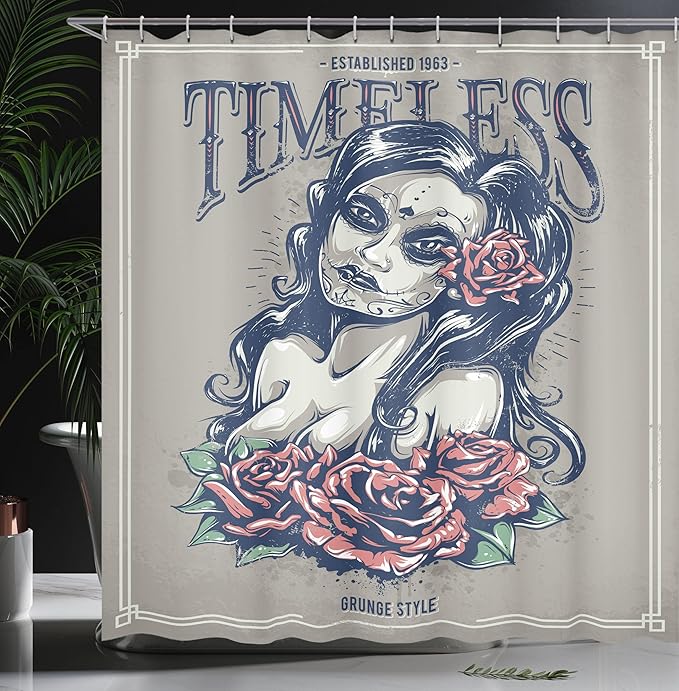 Ambesonne Skull Shower Curtain, Day of The Dead Girl with Tattoos Roses Lady Witch Woman Sign Art Print, Cloth Fabric Bathroom Decor Set with Hooks, 69" W x 70" L, Night Blue