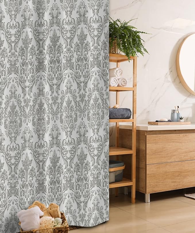 Ambesonne Damask Stall Shower Curtain, Baroque Style Leaf Blossoming Pattern Flowery Design Curves Ornamental Artwork, Fabric Bathroom Decor Set with Hooks, 36" W x 72" L, Dimgray