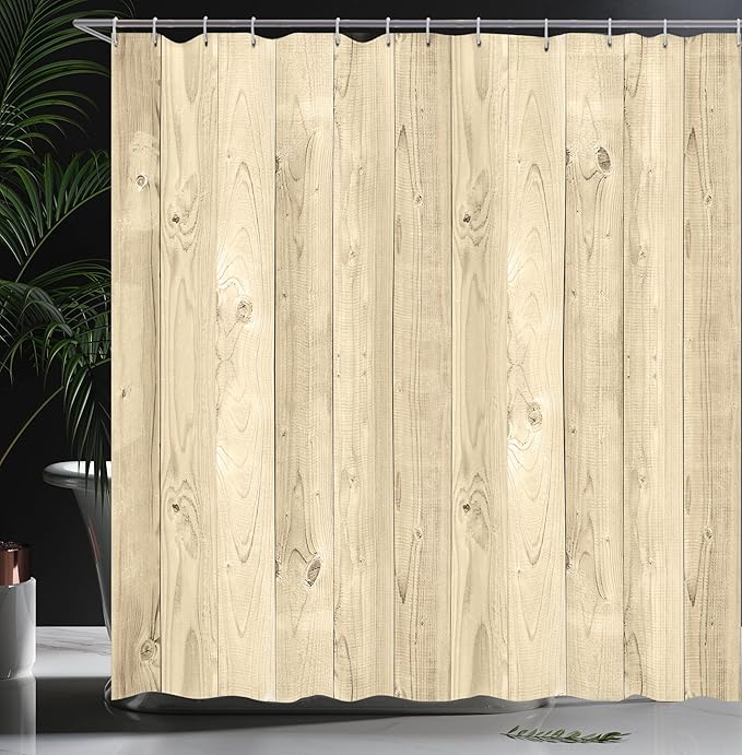 Ambesonne Rustic Shower Curtain, Picture of Smooth Oak Wood Texture in Old Fashion Retro Horizontal Nature Design, Cloth Fabric Bathroom Decor Set with Hooks, 69" W x 70" L, Pale Yellow