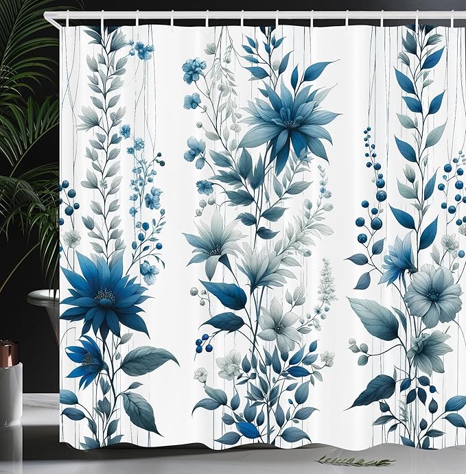 Ambesonne Blue Shower Curtain, Flowers Berry Branches and Leaves as Vertical Lines Cold Colored Garden, Cloth Fabric Bathroom Decor Set with Hooks, 69" W x 84" L, Slate Blue and Sea Blue