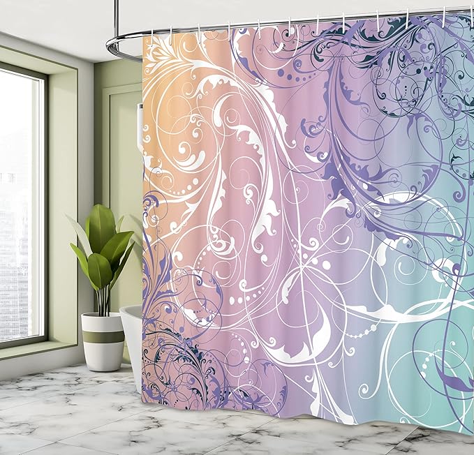 Ambesonne Floral Shower Curtain, Baroque Swirl Branches Curved Flower Leaves Shabby Form Nature Pattern, Cloth Fabric Bathroom Decor Set with Hooks, 69" W x 75" L, Lilac Teal