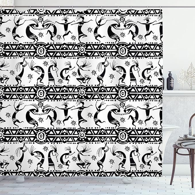 Ambesonne Ethnic Shower Curtain, Silhouette of Dancings Geometric Shapes in Horizontal Line Art Design Boho, Cloth Fabric Bathroom Decor Set with Hooks, 69" W x 70" L, White and Black