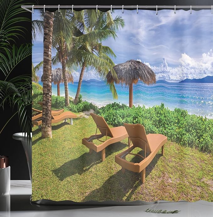 Ambesonne Coastal Shower Curtain, Sunbeds at Seychelles Coconut Palm Trees Bungalows Exotic Destinations Hills, Cloth Fabric Bathroom Decor Set with Hooks, 69" W x 70" L, Green Blue Brown
