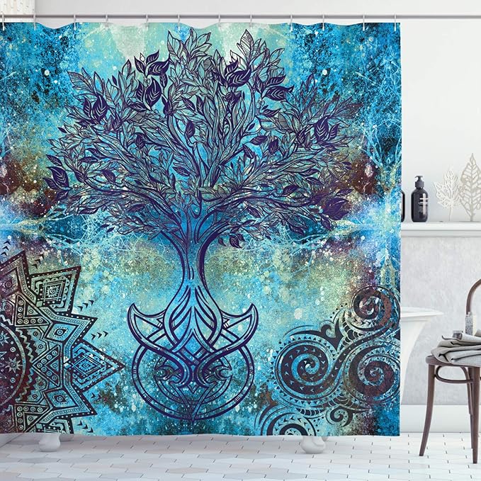 Ambesonne Ethnic Shower Curtain, Grunge Style Tree Pattern Mandala and Spiral Shapes Blurry Art, Cloth Fabric Bathroom Decor Set with Hooks, 69" W x 84" L, Turquoise Brown