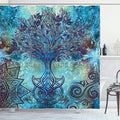 Ambesonne Ethnic Shower Curtain, Grunge Style Tree Pattern Mandala and Spiral Shapes Blurry Art, Cloth Fabric Bathroom Decor Set with Hooks, 69" W x 84" L, Turquoise Brown