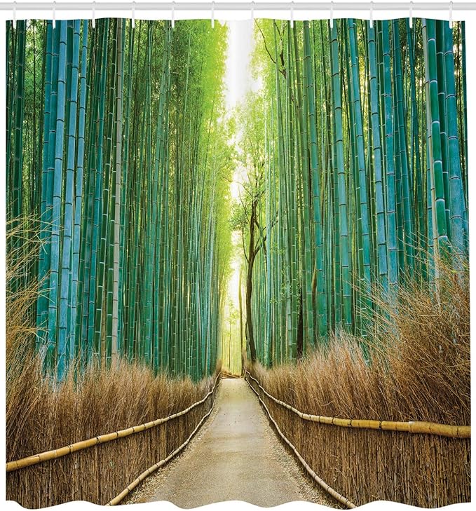 Ambesonne Forest Shower Curtain, Panoramic Photography of Historic Landscape Park in Japan Print Romance, Cloth Fabric Bathroom Decor Set with Hooks, 69" W x 70" L, Brown Turquoise