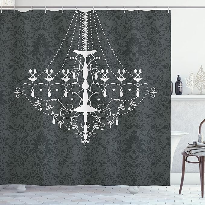 Ambesonne Vintage Shower Curtain, Victorian and Baroque Style of a Nostalgic Chandelier on The Damask Pattern Background Rococo Design, Cloth Fabric Bathroom Set with Hooks, 69" W x 70" L, Dark Grey