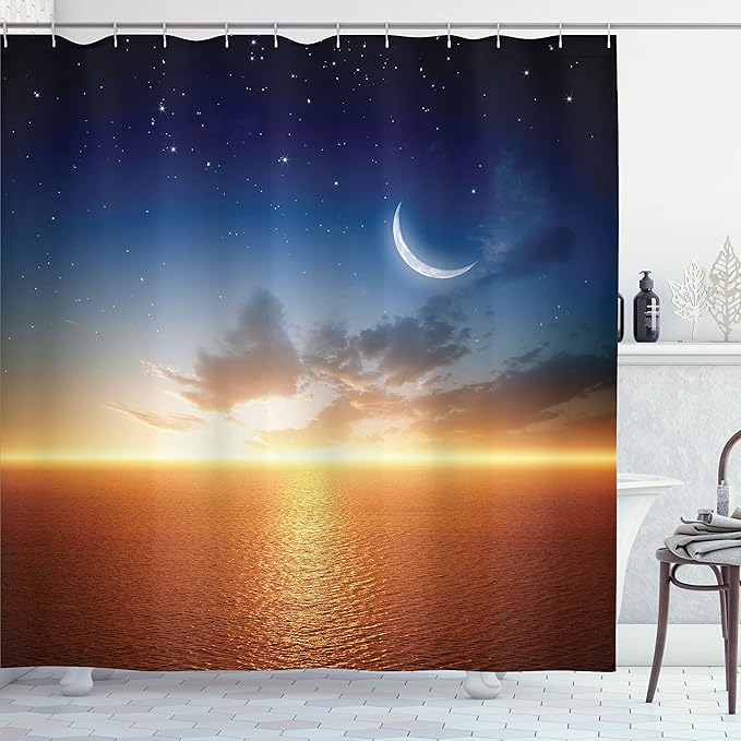 Ambesonne Ocean Shower Curtain, Sunset Sky with Moon and Stars Horizon Scenery Fantasy View Art Print, Cloth Fabric Bathroom Decor Set with Hooks, 69" W x 75" L, Navy Yellow Orange