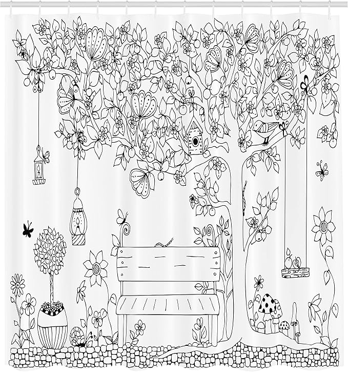 Ambesonne Tree Shower Curtain, Floral Tree with Outline Butterflies and Swing in Garden Dream Space Illustration, Cloth Fabric Bathroom Decor Set with Hooks, 69" W x 70" L, Cream and Black