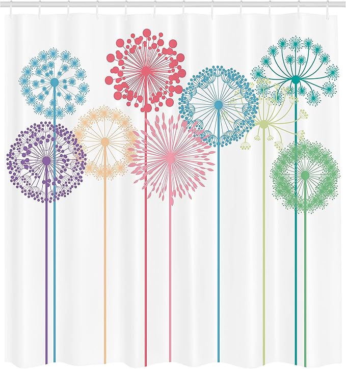 Ambesonne Floral Shower Curtain, Flower Inspired Artwork Colorful Dandelions on White Background Illustration Print, Cloth Fabric Bathroom Decor Set with Hooks, 69" W x 84" L, Dark Indigo