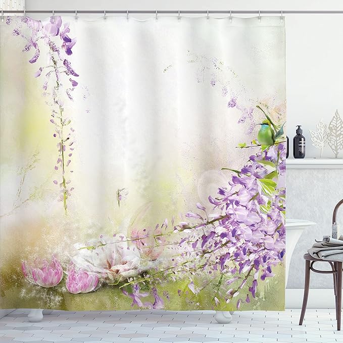 Ambesonne Lavender Shower Curtain, Painting Style Floral Composition Spring Inspired Garden Plants, Cloth Fabric Bathroom Decor Set with Hooks, 69" W x 84" L, Lavender Green Cream