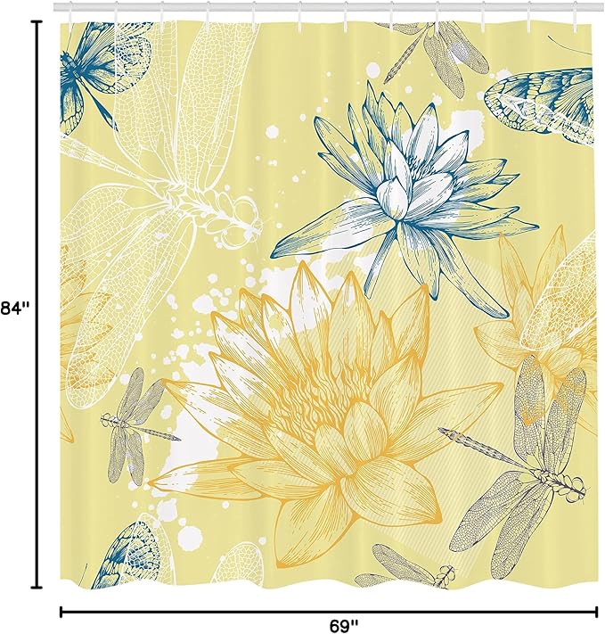Ambesonne Dragonfly Shower Curtain, Boho Style Plants and Dragonflies Sketchy Illustration, Cloth Fabric Bathroom Decor Set with Hooks, 69" W x 84" L, Petrol Blue