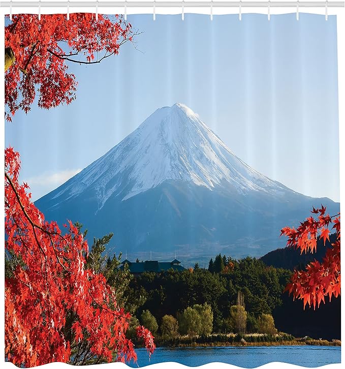Ambesonne Landscape Shower Curtain, Mountain Fiji with Snowcapped Summit and Lake Maple Trees in Autumn, Cloth Fabric Bathroom Decor Set with Hooks, 69" W x 70" L, Paprika Blue and Green