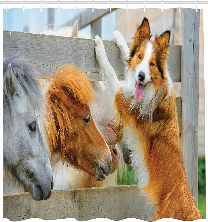 Ambesonne Nature Shower Curtain, Pony and Border Collie Dog are Dating Friendship Companionship Themed Nature, Cloth Fabric Bathroom Decor Set with Hooks, 69" W x 70" L, Amber Tan Grey