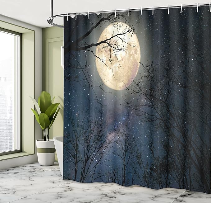 Ambesonne Night Sky Shower Curtain, Nocturnal Sky Milky Way Stars Twilight Moon Scenery with Branches, Cloth Fabric Bathroom Decor Set with Hooks, 69" W x 70" L, Dark Blue White