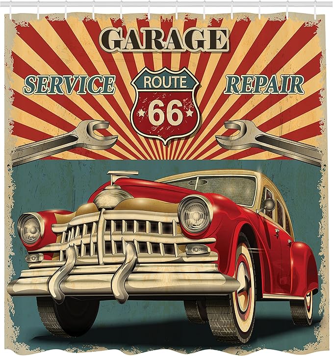 Ambesonne Americana Shower Curtain, Vintage Garage Repair Shop and Advertising of The Automobile Rustic Style Vehicle Nostalgic Retro Art, Cloth Fabric Bathroom Set with Hooks, 69" W x 70" L, Teal
