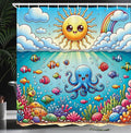 Ambesonne Ocean Shower Curtain, Nautical Happy Sun Octopus and Fish Characters with Cloudy Sea Scenery, Cloth Fabric Bathroom Decor Set with Hooks, 69" W x 70" L, Mustard Blue Multicolor