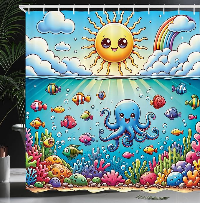 Ambesonne Ocean Shower Curtain, Nautical Happy Sun Octopus and Fish Characters with Cloudy Sea Scenery, Cloth Fabric Bathroom Decor Set with Hooks, 69" W x 70" L, Mustard Blue Multicolor