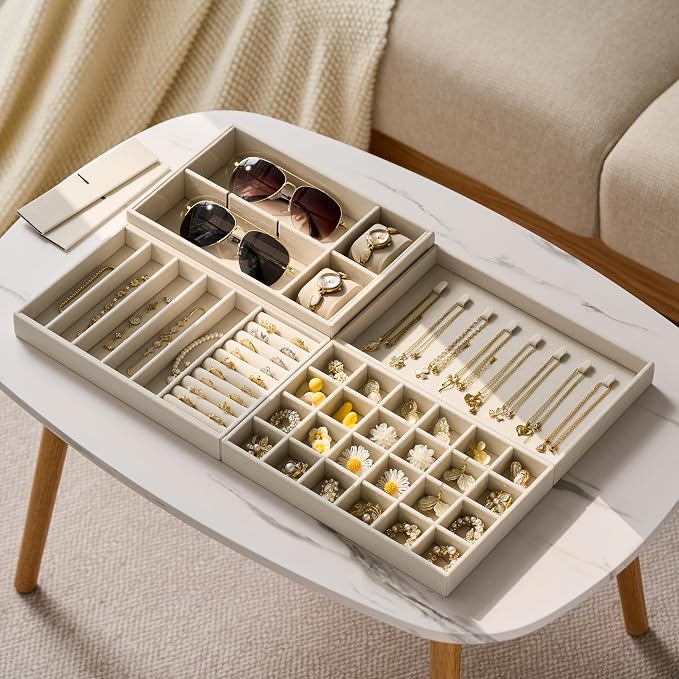 Velvet Jewelry Drawer Organizer Trays – Large Beige Stackable Jewelry Storage Inserts Set, 4-Layer Jewelry Tray Set for Earrings, Rings, Necklaces, Bracelets with Removable Dividers for Dresser,Vanity