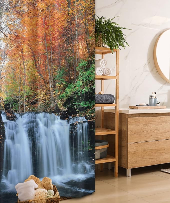 Ambesonne Waterfall Stall Shower Curtain, Waterfalls in Autumn Season Nature Park with Colorful Foliage Trees, Fabric Bathroom Decor Set with Hooks, 36" W x 72" L, Brown Orange