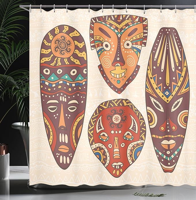 Ambesonne Tiki Bar Shower Curtain, Designs Aborigine Art Patterns Cultural Hawaiian Print, Cloth Fabric Bathroom Decor Set with Hooks, 69" W x 75" L, Plum Orange
