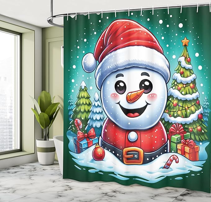 Ambesonne Christmas Shower Curtain, Cartoon Xmas Snowman Santa with Pine Trees in Snowy Winter Holiday, Cloth Fabric Bathroom Decor Set with Hooks, 69" W x 70" L, Green Soft Blue Dark Pink