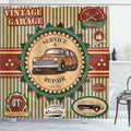 Ambesonne Retro Shower Curtain, Composition of Vintage Retro Car Emblem in Faint Color Sixties Dated Irony Art, Cloth Fabric Bathroom Decor Set with Hooks, 69" W x 70" L, Green Red Cream