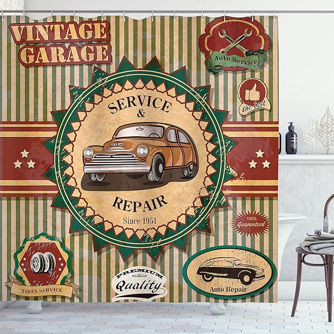 Ambesonne Retro Shower Curtain, Composition of Vintage Retro Car Emblem in Faint Color Sixties Dated Irony Art, Cloth Fabric Bathroom Decor Set with Hooks, 69" W x 70" L, Green Red Cream