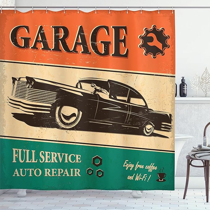 Ambesonne Vintage Shower Curtain, Garage Retro Poster Classic Car Automobile Mechanic Nostalgic 50s, Cloth Fabric Bathroom Decor Set with Hooks, 69" W x 70" L, Orange Beige Jade Green