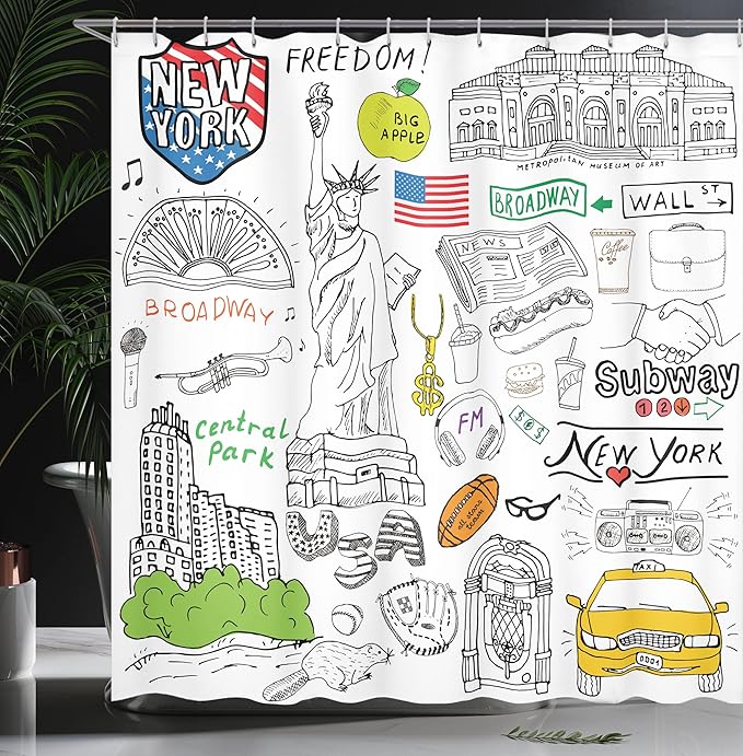 Ambesonne American Shower Curtain, New York City Culture Metropolitan Museum Broadway Crossroad Wall Street Sketch Style, Cloth Fabric Bathroom Decor Set with Hooks, 69" W x 84" L, White and Black