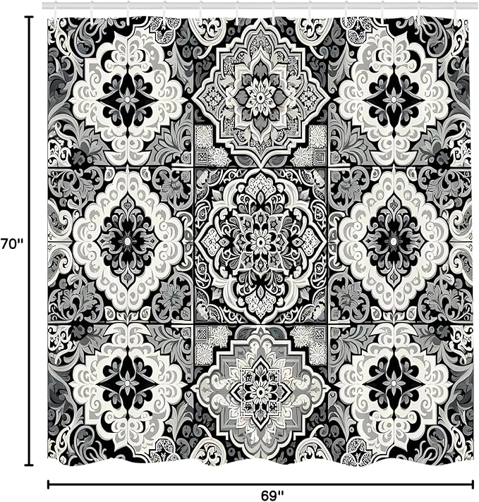 Ambesonne Grey Shower Curtain, Oriental Trippy Art with Moroccan Tile Pattern of Blooming and Curlicue Leaves, Cloth Fabric Bathroom Decor Set with Hooks, 69" W x 70" L, Off White Dimgray