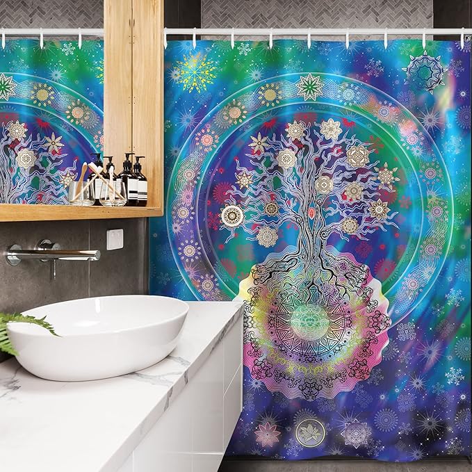 Ambesonne Mandala Stall Shower Curtain, Tree of Life Floral Style Mandala Calm Artwork Peace Design Natural Scenery, Fabric Bathroom Decor Set with Hooks, 54" W x 78" L, Blue Purple