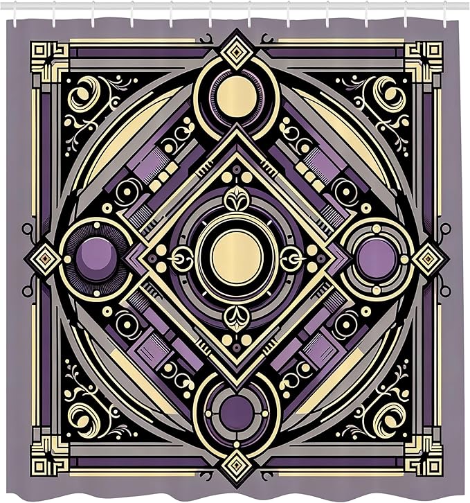 Ambesonne Ethnic Shower Curtain, Diagonal Square with Circles Dramatic and Symmetric Shapes Ornament, Cloth Fabric Bathroom Decor Set with Hooks, 69" W x 70" L, Violet Cream Purple Grey