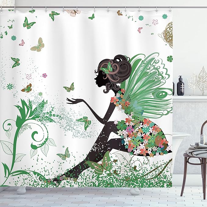 Ambesonne Fantasy Shower Curtain, Spring Girl Wings in a Floral Dress Surreal Garden Butterflies Print, Cloth Fabric Bathroom Decor Set with Hooks, 69" W x 75" L, Fern Green
