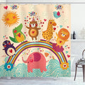 Ambesonne Cartoon Shower Curtain, Happy Animals Bear Lion Crocodile Birds on Rainbow Drawing Effect, Cloth Fabric Bathroom Decor Set with Hooks, 69" W x 84" L, Orange Green