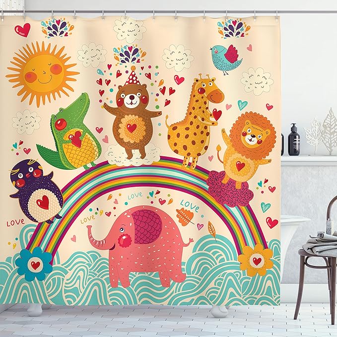 Ambesonne Cartoon Shower Curtain, Happy Animals Bear Lion Crocodile Birds on Rainbow Drawing Effect, Cloth Fabric Bathroom Decor Set with Hooks, 69" W x 84" L, Orange Green
