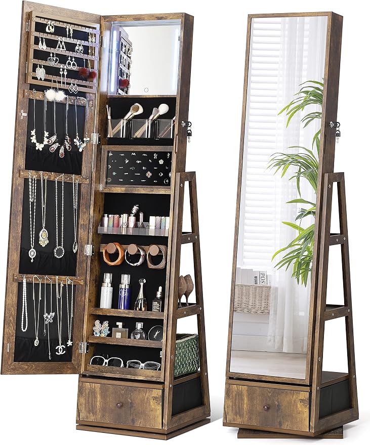 Nicetree 360° Swivel Jewelry Cabinet with Lights, Touch Screen Vanity Mirror, Rotatable Full Length Mirror with Jewelry Storage, Standing Jewelry Armoire Organizer, Gift Idea, Rustic Brown