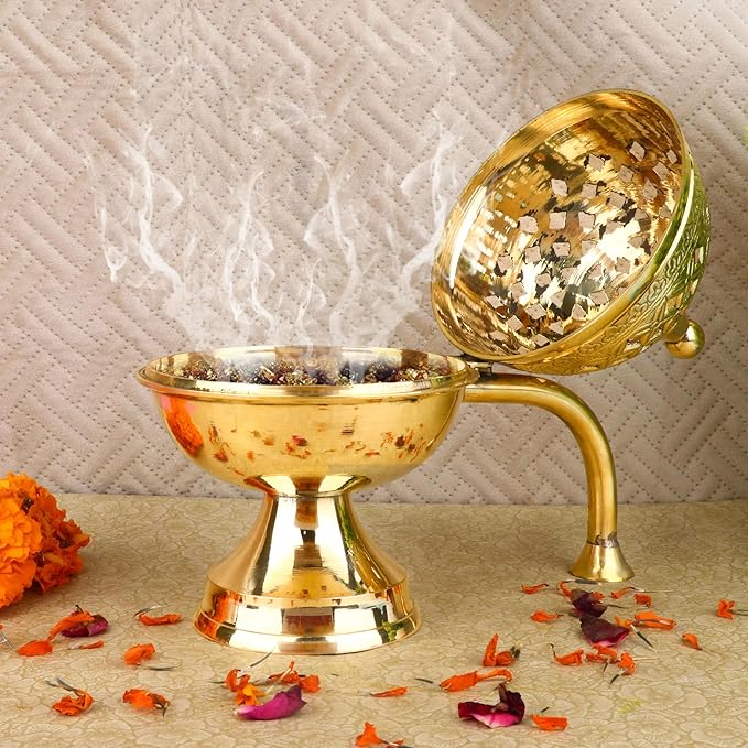 SATVIK 1 Pc Pure Brass Antique Incense Holder Dhuni Burner with Long Brass Handle Handheld Puja Dhuna Loban Burner Pooja Agarbatti Dhoop Pot Dhuni Stand Indian Housewarming Return Gift Items Bulk