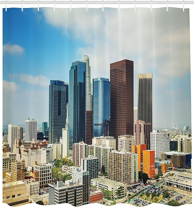Ambesonne USA Shower Curtain, Los Angeles Cityscape on a Sunny Day Colorful Office High Rise Buildings Streets Scene, Cloth Fabric Bathroom Decor Set with Hooks, 69" W x 75" L, Blue Brown