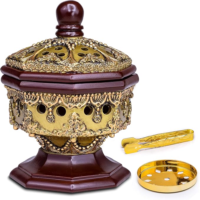 AM Lux Octagon Incense Burner – Charcoal Bakhoor, Cone & Frankincense Resin Holder | Mabkhara for Office, Spiritual Room & Islamic Gifts (Bronze)