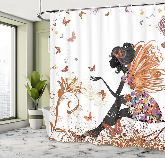 Ambesonne Fantasy Shower Curtain, Spring Girl Wings in a Floral Dress Surreal Garden Butterflies Print, Cloth Fabric Bathroom Decor Set with Hooks, 69" W x 84" L, Pale Cinnamon