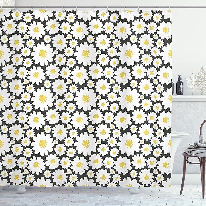 Ambesonne Floral Shower Curtain, Pastel Cartoon Like Flowers Daisies Spring Time Season Artwork Print, Cloth Fabric Bathroom Decor Set with Hooks, 69" W x 70" L, Dark Grey