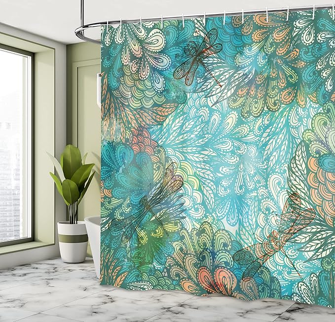 Ambesonne Dragonfly Shower Curtain, Fantasy Flowers Mixed in Various Tones Shabby Form Feminine Beauty Print, Cloth Fabric Bathroom Decor Set with Hooks, 69" W x 70" L, Turquoise Amber