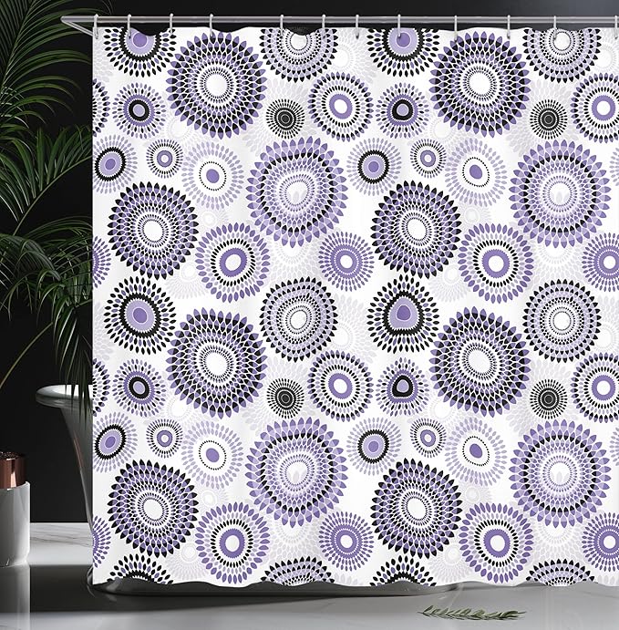 Ambesonne Floral Shower Curtain, Abstract Medallion Pattern Round Shape with Leaves Balls Floral Flowers, Cloth Fabric Bathroom Decor Set with Hooks, 69" W x 75" L, Purple White