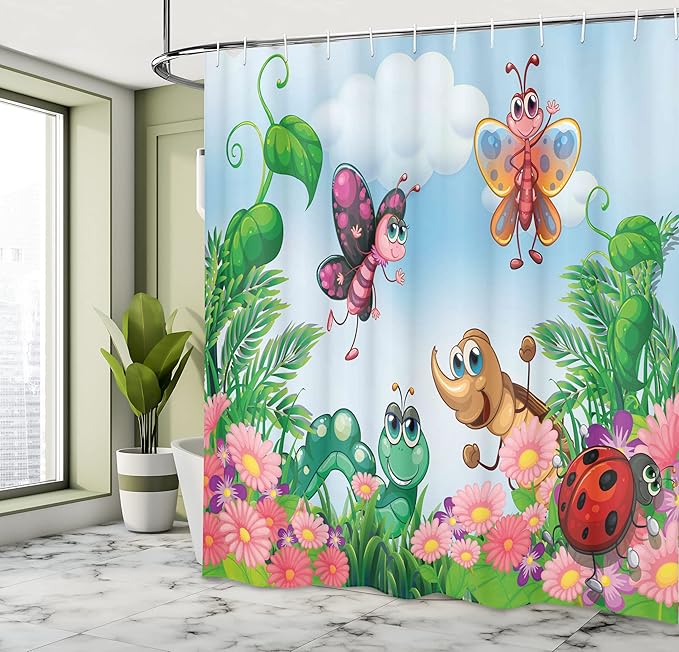 Ambesonne Garden Shower Curtain, Gardening Theme Illustration of Butterfly Ladybug Worm Flowers and Grass, Cloth Fabric Bathroom Decor Set with Hooks, 69" W x 70" L, Jade Green Fern Green