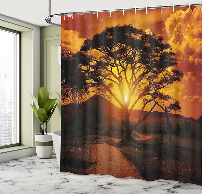 Ambesonne Sunset Shower Curtain, Majestic Tree with Horizon Background Mystic Nature Dramatic Landscape, Cloth Fabric Bathroom Decor Set with Hooks, 69" W x 70" L, Orange Black