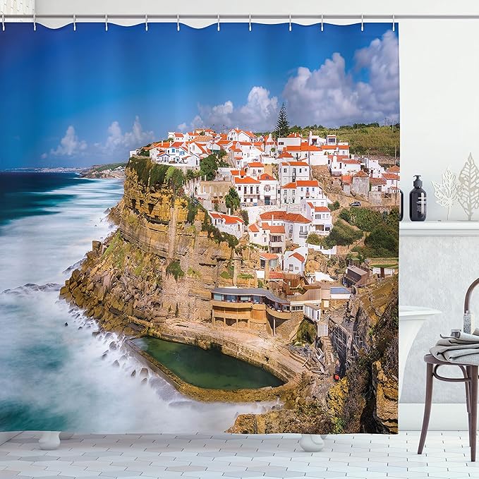 Ambesonne European Shower Curtain, Portugal Seaside on The Cliffs with Sky View Mediterranean Ocean Village Europe, Cloth Fabric Bathroom Decor Set with Hooks, 69" W x 70" L, Beige Blue