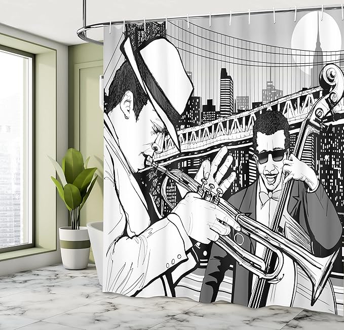 Ambesonne Music Shower Curtain, Illustration of Jazz Band Playing The Blues in New York in Moonlight Retro Design, Cloth Fabric Bathroom Decor Set with Hooks, 69" W x 70" L, Black White